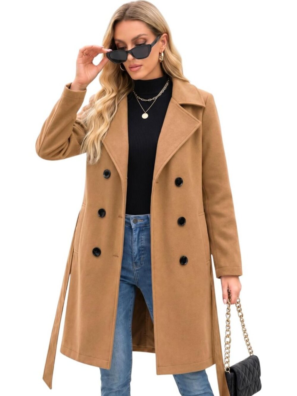 Chic Double-Breasted Long Winter Trench Coat - Women's Faux Wool Outerwear